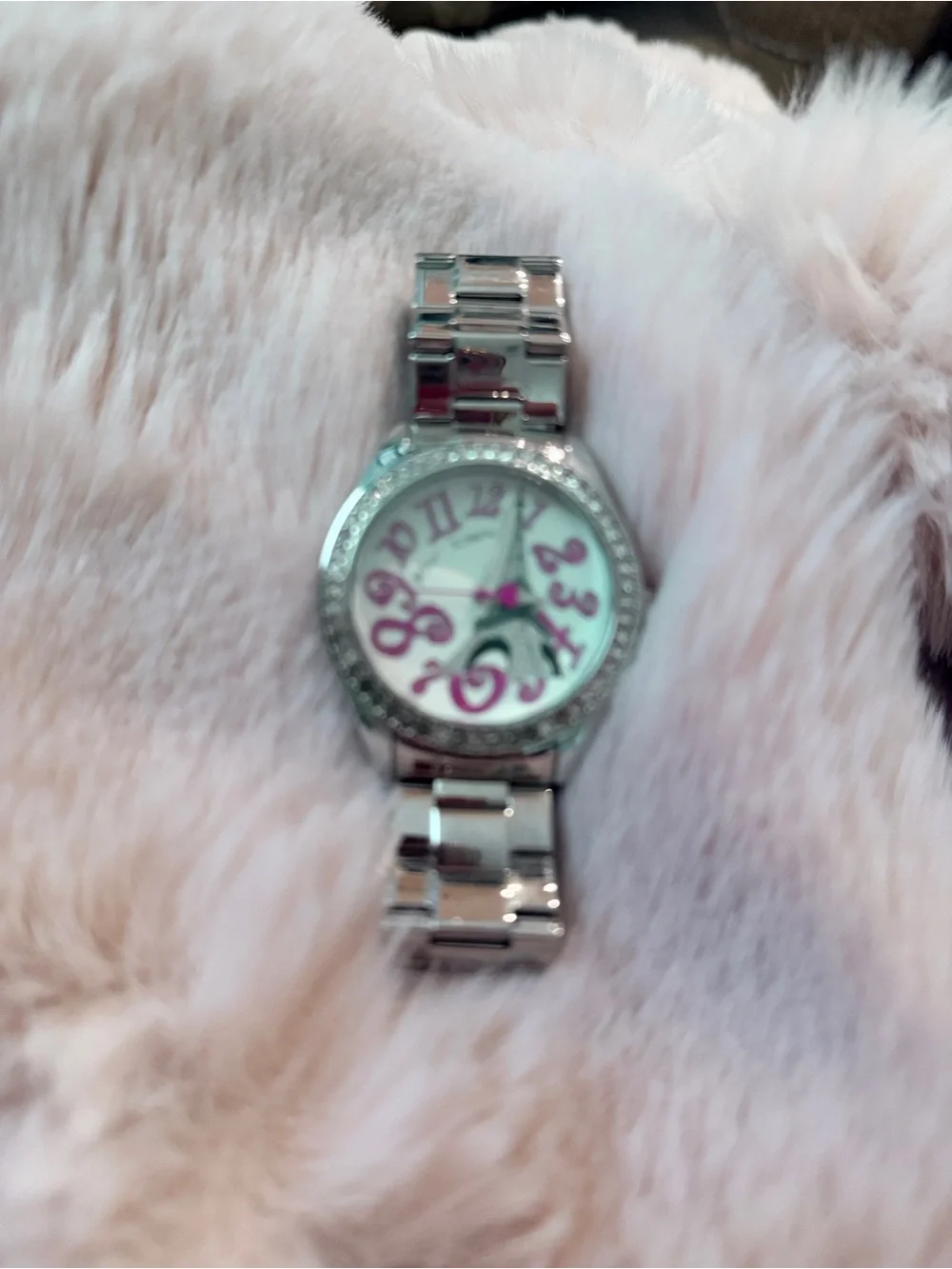 Betsey Johnson Silver Bracelet Watch with Pink Dial and Crystal Bezel